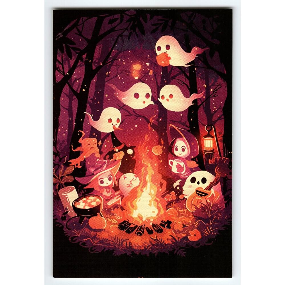 Vintage Halloween Postcard Cute Ghosts Campfire Scene 5.5x4 Chrome